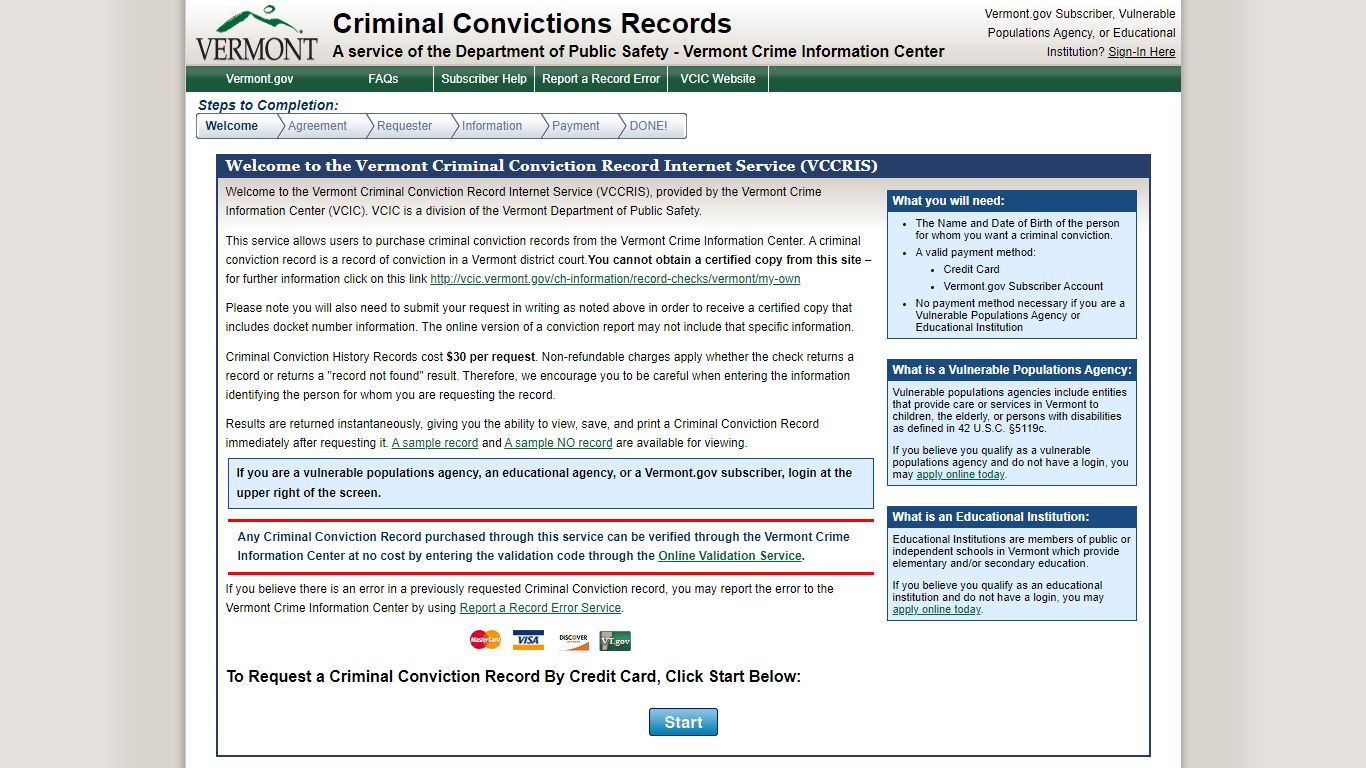 Vermont Crime Information Center's Record Service